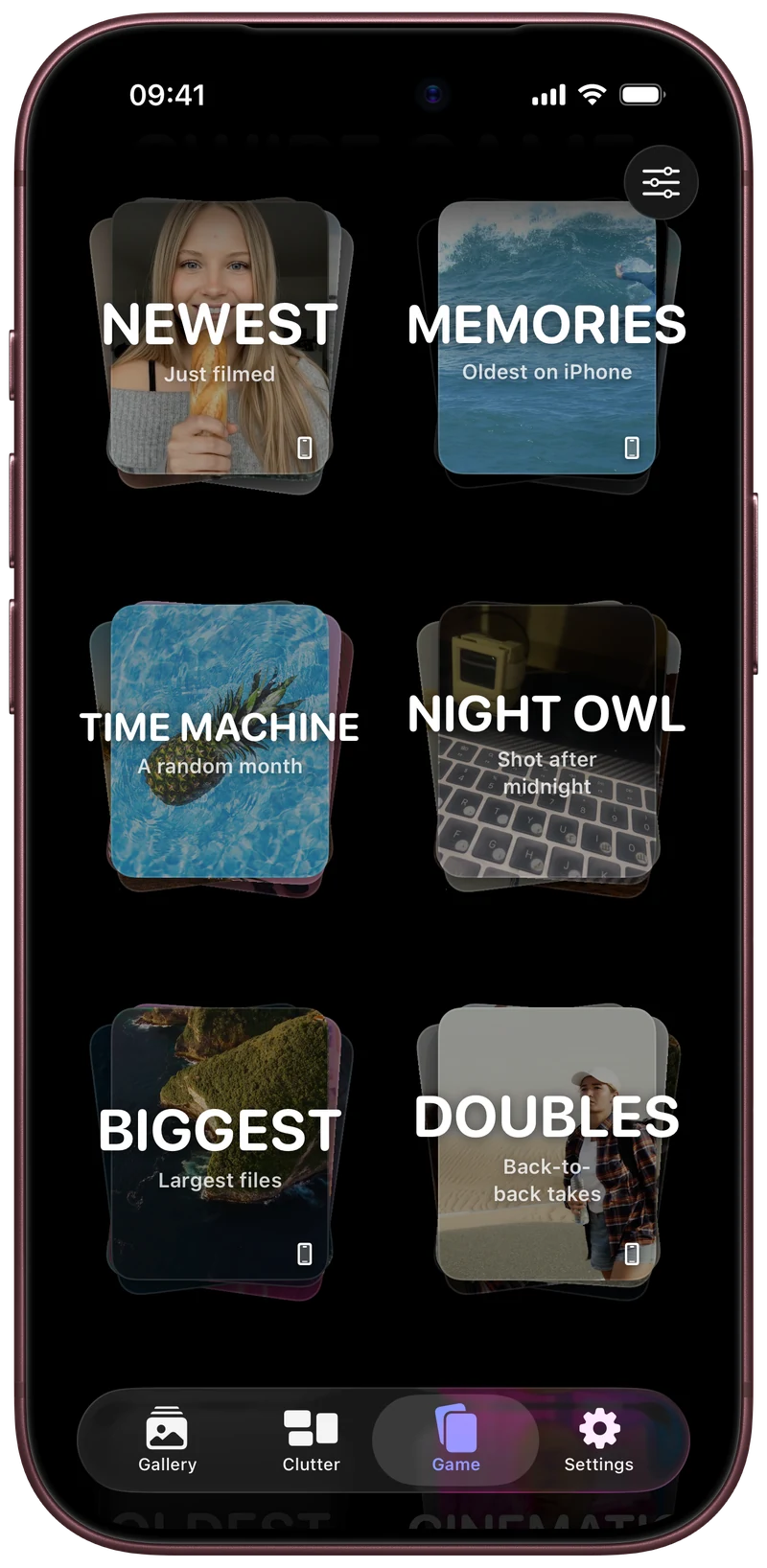 Game decks including Newest, Memories, Time Machine, Night Owl, Biggest and Doubles.