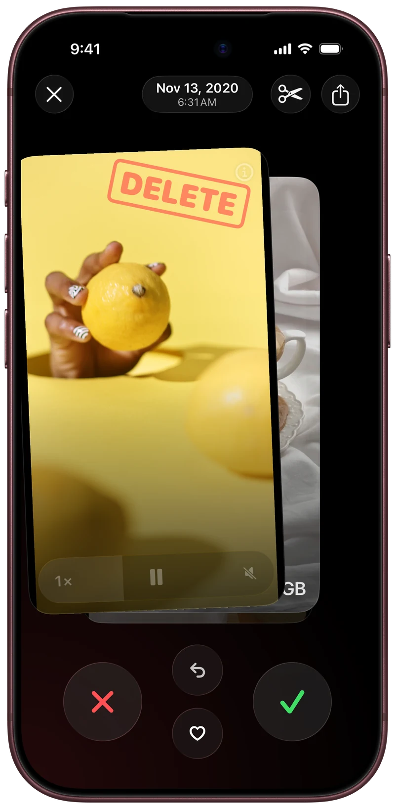 A yellow lemon video on a swipe card, with keep and undo controls.